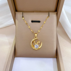 Moon Rabbit Pendant Necklace Stainless Steel Chain Copper Zircon Micro Inlaid Elegant Clavicle Chain For Women