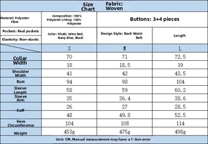 Detailed size chart and fabric specifications for plaid long-sleeved blazer jacket