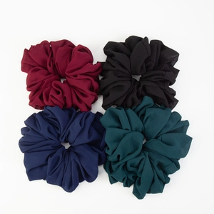 Set of four chiffon elastic hair scrunchies in burgundy, black, navy, and dark green