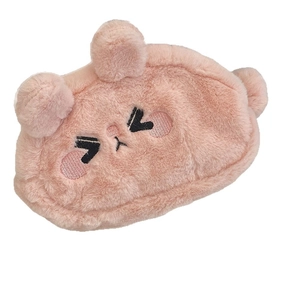 Pink plush pencil case with cute 3D ears and black character embroidery on soft fabric