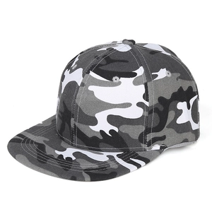 Detail of flat brim hip hop cap featuring grey camouflage pattern and premium stitching