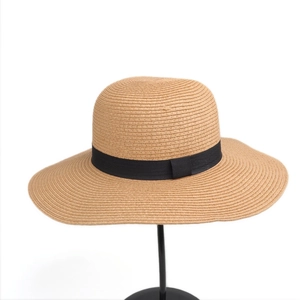 British style wide brim straw sun hat with black ribbon bow for summer beach outings