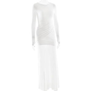 Detailed view of white long-sleeve mesh dress with ruching and high slit leg design
