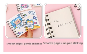 Detail of A7 mini spiral notebook featuring astronaut cats and rounded corner pages