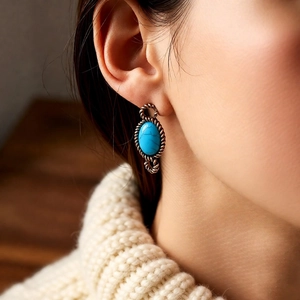 Close-up of vintage silver earrings with teal turquoise resin on a model's ear