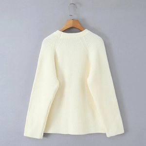 Close-up of cream white long sleeve knit sweater texture and vertical ribbed pattern details