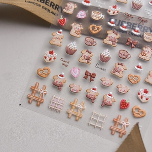 3D relief nail stickers featuring cute brown bears and warm coffee mugs for DIY nail art