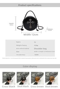 Detailed view of mini gothic crossbody bag featuring skull and cross metal charms