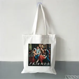 Artistic oil painting canvas tote bag with Friends style print on white cotton fabric