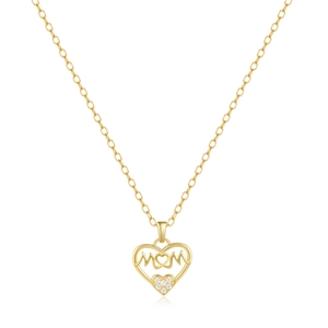 Detail of gold heart pendant with MOM engraving and shimmering white zircon accents