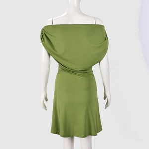 Rear view of grass green off-shoulder bodycon mini dress on a mannequin