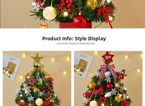 Detail of mini Christmas tree with warm LED lights, red bows and Merry Xmas star topper