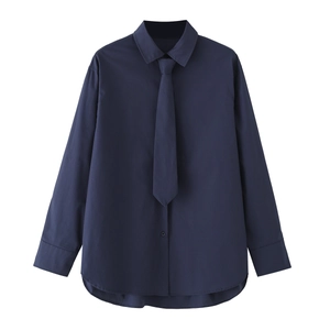 Navy Blue Long Sleeve Cotton Poplin Shirt With Matching Tie Solid Color Button Up Elegant Blouse For Women