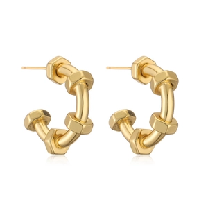 Chic 18K gold plated C-shaped earrings with geometric hexagon nut design elements