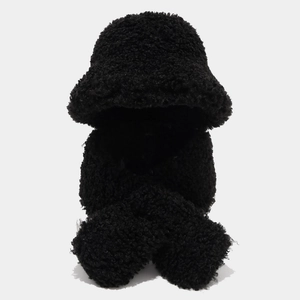 Detail of plush black hooded scarf set with thick warm faux fur texture for women