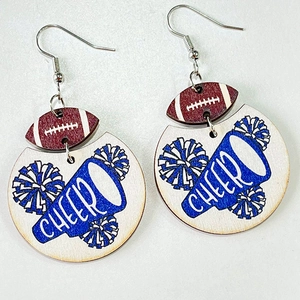 Handcrafted wooden football cheerleading earrings featuring brown rugby and megaphone motifs