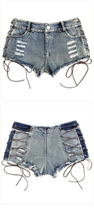 Detailansicht von Denim-Shorts mit hoher Taille, seitlicher Schnürung und Rissen