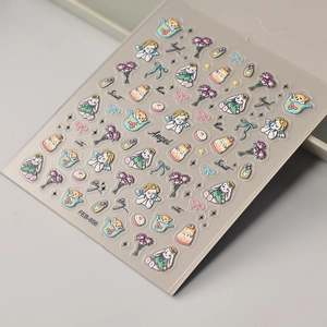 Macro shot of 3D embossed nail stickers featuring cute rabbits, roses and bows FEB-856