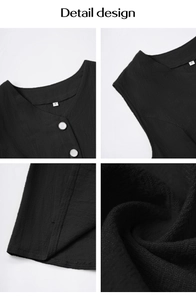 Detailed design of black V-neck sleeveless vest showing fabric texture and buttons