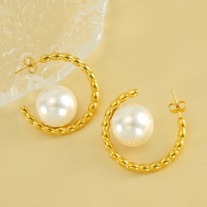 18K Gold Plated Stainless Steel C Shape Hoop Earrings With Large White Faux Artificial Pearl French Retro Elegant Jewelry For Women