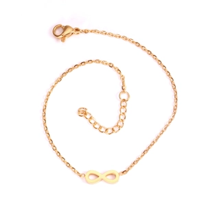 Detail view of a gold infinity charm bracelet with adjustable chain and lobster clasp