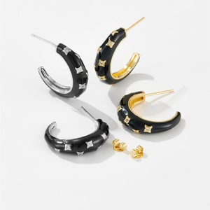 Classic C-shaped black enamel hoop earrings with star rhinestones in gold and silver