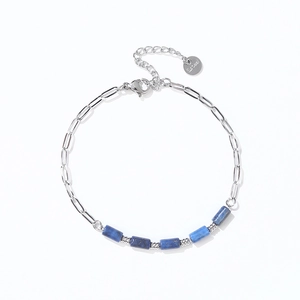 Silver paperclip chain bracelet with blue natural stone beads and S.Steel tag
