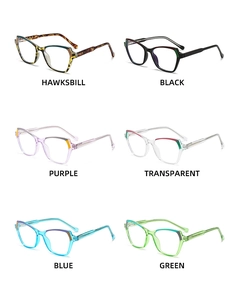 Macro display of retro anti-blue light glasses frames in multiple assorted colors