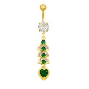 Detail showing gold heart navel ring with emerald green stones and marquise cubic zirconia