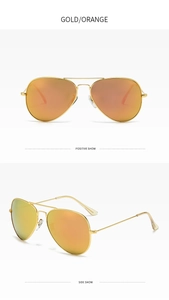 Detail view showing Gold/Orange aviator sunglasses from positive and side angles