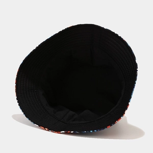 Detail of reversible bucket hat showing colorful print pattern and black cotton lining