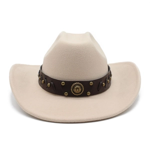 Detail of western cowboy hat with brown leather band, rivets and horseshoe emblem