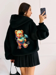 Women Oversized Hoodie Cotton Polyester Fleece Lined Jacket Zip Up Sweatshirt Streetwear Cartoon Bear Print Graphic