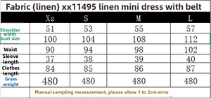 Size chart for linen mini dress with belt showing shoulder, chest, and waist measurements