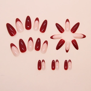 Glossy Burgundy and French Tip Almond Press-on Nails 24 Pieces for Women