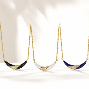 Smile Crescent Pendant Necklace 925 Sterling Silver 18K Gold Plated Natural Lapis Lazuli White Mother Of Artificial Pearl Jewelry