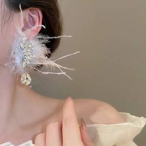 Close-up of elegant feather earrings with rhinestone butterfly wing and teardrop crystal