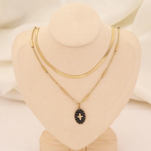 Collier double rang en acier doré avec chaîne serpent et pendentif croix noire ovale