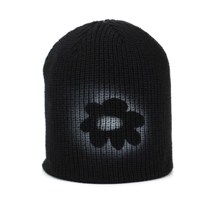 Street style black knit beanie with white hand-painted flower pattern for winter