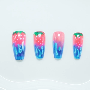 Long coffin fake nails with blue fluid flame and red strawberry patterns for women