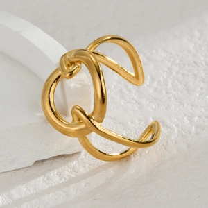 Minimalist 14K gold plated geometric open ring with hollow knot design for women