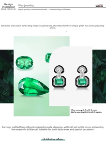 Detail of emerald cut green stone stud earring with black enamel and cubic zirconia