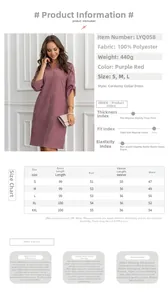 Detailed size chart for corduroy midi dress with S-XXL measurements and fabric specifications