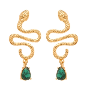 Gold snake earrings with green teardrop crystal pendants and sparkling diamond accents
