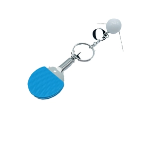 Portachiavi mini racchetta da ping pong con gomma blu e finitura in metallo argento
