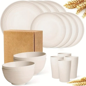 16-piece wheat straw tableware set including plates bowls and cups in beige color