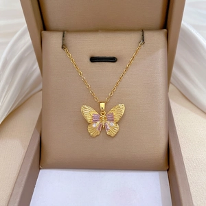 Elegant gold titanium steel butterfly pendant necklace with purple gems and zircon