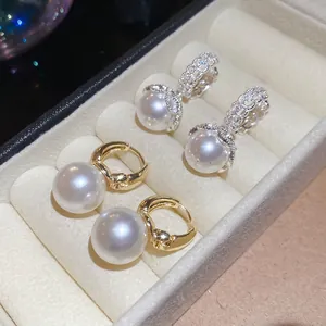 French Vintage Artificial Pearl Drop Earrings For Women Elegant Round Alloy Hinged Hoop With 925 Sterling Silver Earring Post