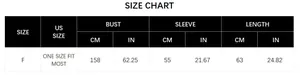 Size chart for vintage ethnic knit poncho sweater with bust and length measurements