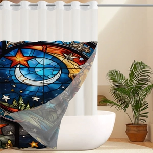 Detail of waffle weave shower curtain with metal eyelets and vibrant stained glass print